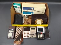 Group vintage calculators, Jade Transistor Radio,