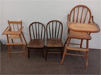 4 vintage chairs - 2 high chairs and child's chair