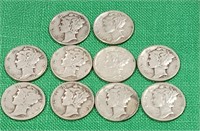 10 Mercury Dimes .9 Silver 1929- 1945