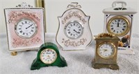 Lot of 5 Mini Clocks. 3 Porcelain, 1 Stone & 1