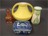 Group Coors pottery deco vase, enamel Listerine