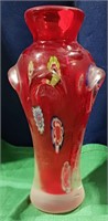 Red & Millefiori Art Glass Vase 7 1/2" Tall
