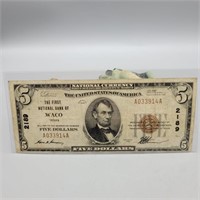1929 $5 WACO TEXAS NATIONAL BANK CURRENCY