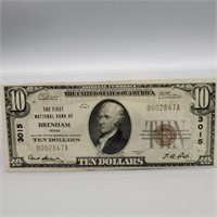 ERROR: 1929 $10 BRENHAM NATIONAL BANK CURRENCY