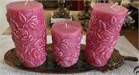 HD Designs Feather Plate w/ 3 Pink Candles