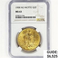 1908 $20 Gold Double Eagle NGC MS63 NO MOTTO