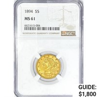 1894 $5 Gold Half Eagle NGC MS61