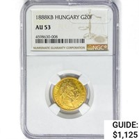 1888KB Hungary .1867oz. Gold 20 Francs NGC AU53