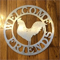 Metal Rooster Welcome Friends Sign