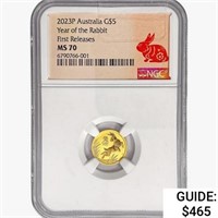 2023P $5 1/20oz. Gold Australia Rabbit NGC MS70