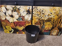Lot of 2 wall prints and small trash can