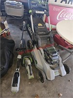 56V E-Go Mower, weedeater and hedger, two