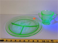 Green Depression/  Uranium Glass Plate & Cup