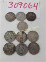 10 Various Morgan & Peace Silver Dollar Coins