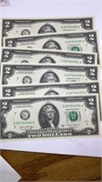 (6) Uncirculated $2 bills consecutive serial