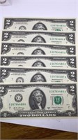 (6) Uncirculated $2 bills consecutive serial