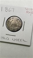 1867 shield nickel with rays
