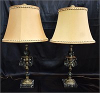Pair of Etched Brass & Crystal Lamps