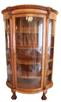Antique Tiger Oak Clawfoot Curved Curio Cabinet