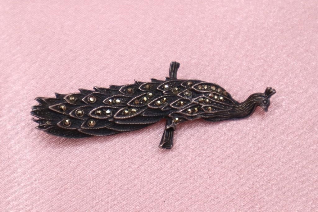 Sterling Silver Marcasite Peacock Brooch