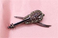 Sterling Silver Marcasite Violin Brooch Pin