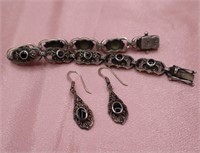 Sterling Marcasite & Onyx Bracelet & Earrings