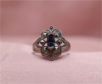 Sterling Silver Marcasite & Blue Stone Ring Sz6.5