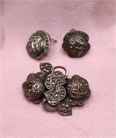 Sterling Silver Marcasite Rose Brooch & Earrings