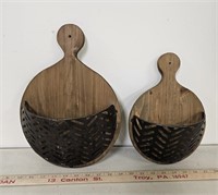 (2) Farmhouse Wooden and Metal Wall Pockets