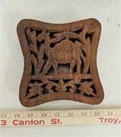 Carved Wooden Trivet w Camel- India- 6x6