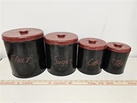 (4) Painted Kitchen Canisters- Black and Red