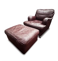 Red Leather Armchair and Matching Footstool,