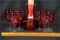 CRANBERRY WINE GLASSES AND CARAFE