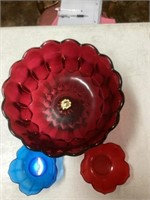Red pedestal dish with two plastic small dishes