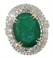 14k Gold 11.07 ct Natural Emerald & Diamond Ring