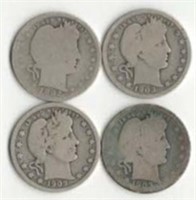 (4) Barber Silver Quarter Dols; Vars. Yrs./Mints