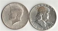 (2) Silver Half Dollars; Franklin-1963D, JFK-1964