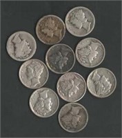 (10) "Mercury" Silver Dimes; Vars. Yrs./Mints