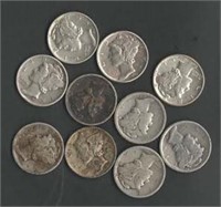 (10) "Mercury" Silver Dimes; Vars. Yrs./Mints