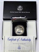 1991 US Mint USO Silver Dollar, Proof