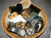 CERAMIC PIE PLATE, 6 WATCHES, PINS & MISC. SMALLS