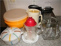 COUNTER TOP LOT: 3 PITCHERS, 2 LG. TUPPERWARE