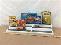 Hot wheels car case and misc cars and Pennzoil
