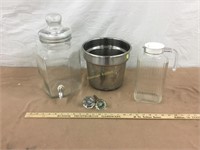 Glass iced tea jug, glass picture, metal pot,
