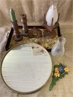 Mirror, tray, wood candle bases, more