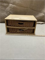 Wooden shelf with wicker basket