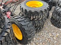 4 Skid Steer Tires 12-16.5 on Yellow Wheels