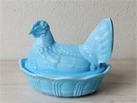 Vtg Fenton Blue Satin Glass Hen on Nest Dish