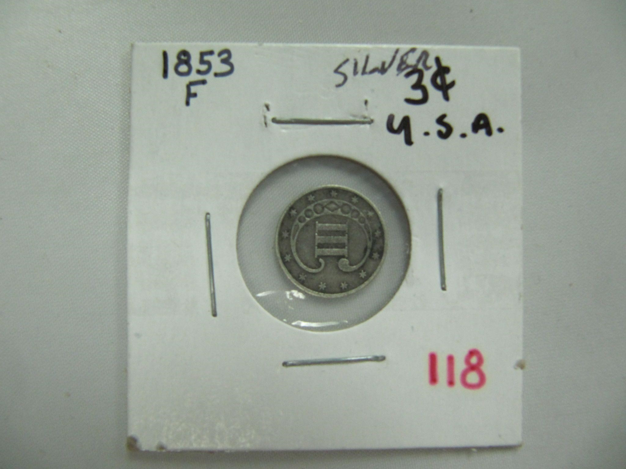 1853 USA SILVER 3 CENT COIN