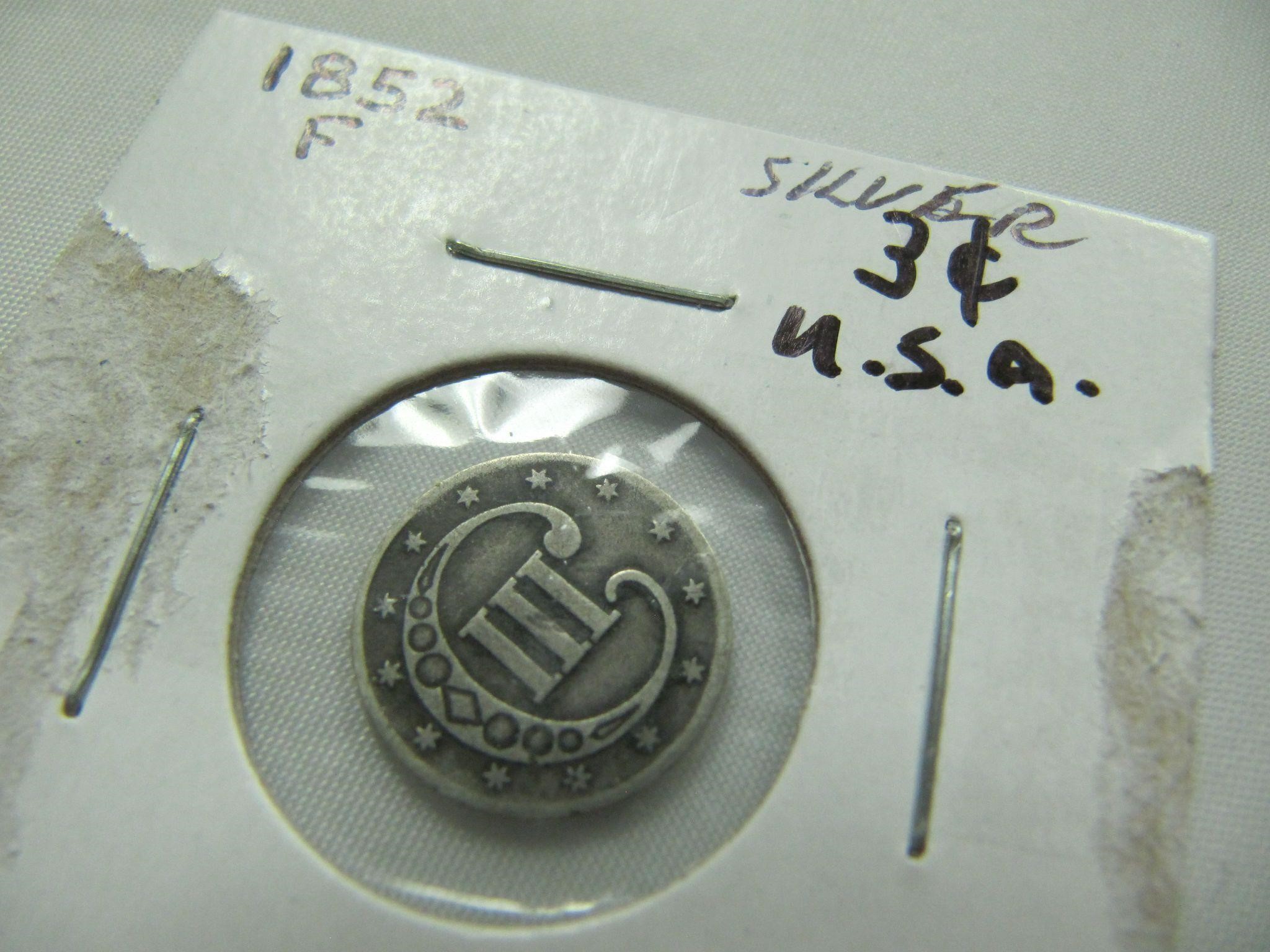 1852 USA SILVER 3 CENT COIN